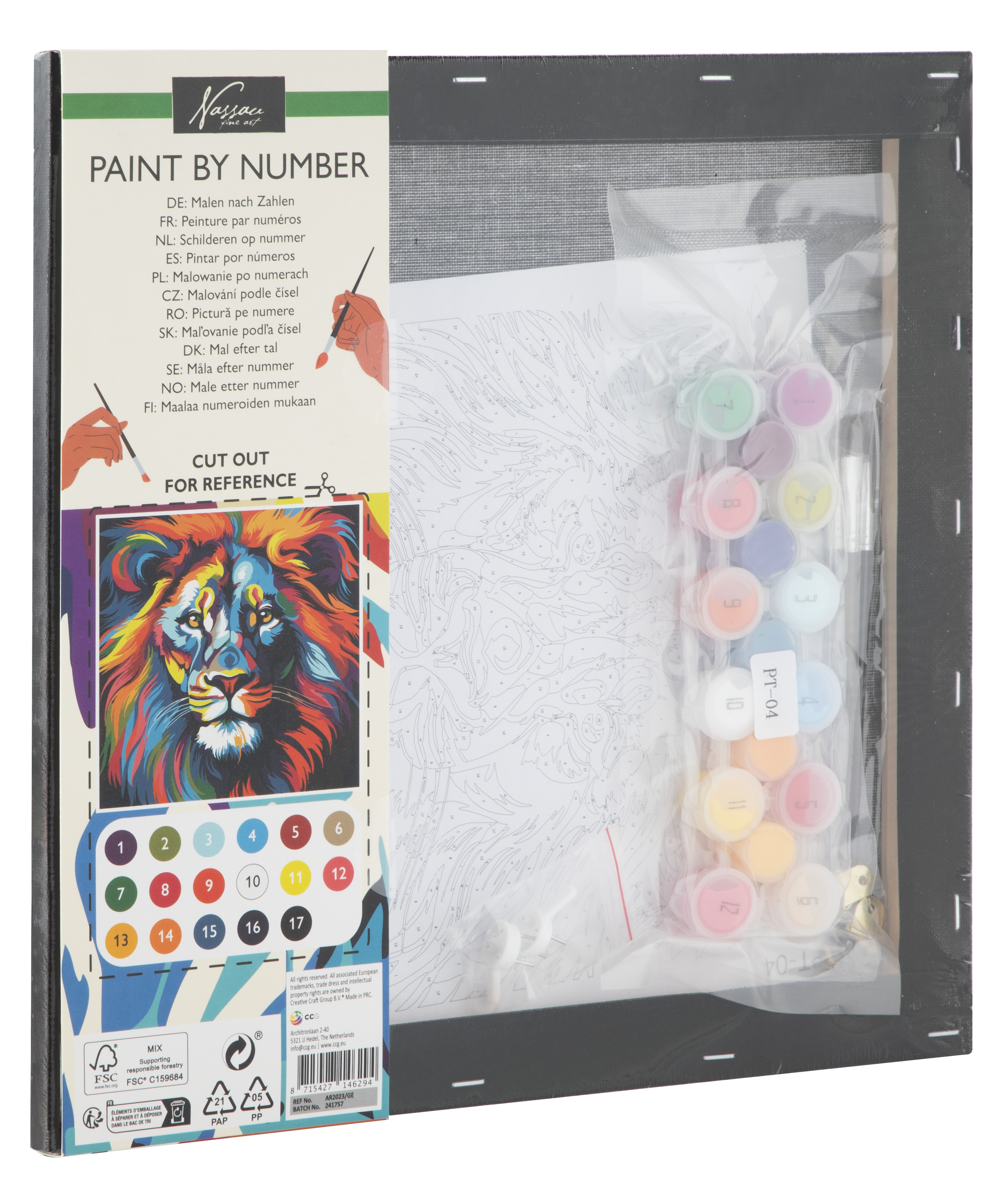 Paint by number black canvas 30x30cm Lion 3 brushes, 18 pcs acrylic paint, banderole, shrink