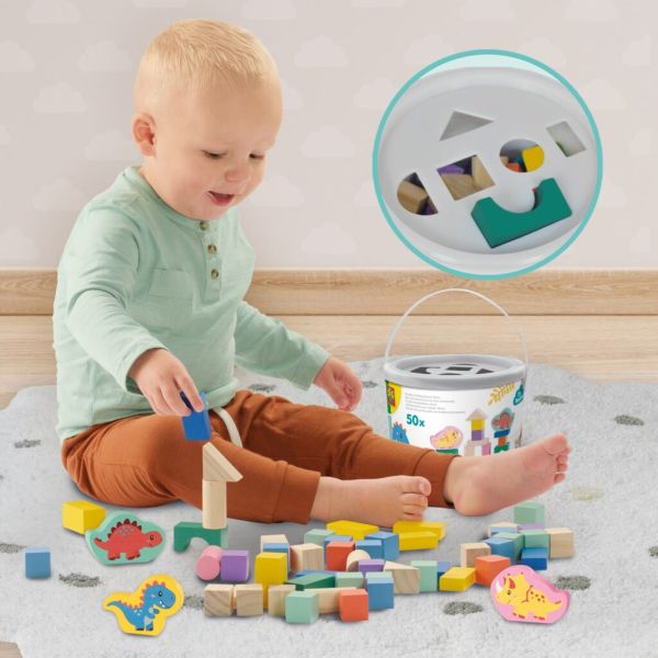 Wooden building blocks dinos - 50pcs bucket - Image 4