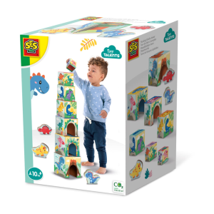 Stacking blocks tower with dino figures
