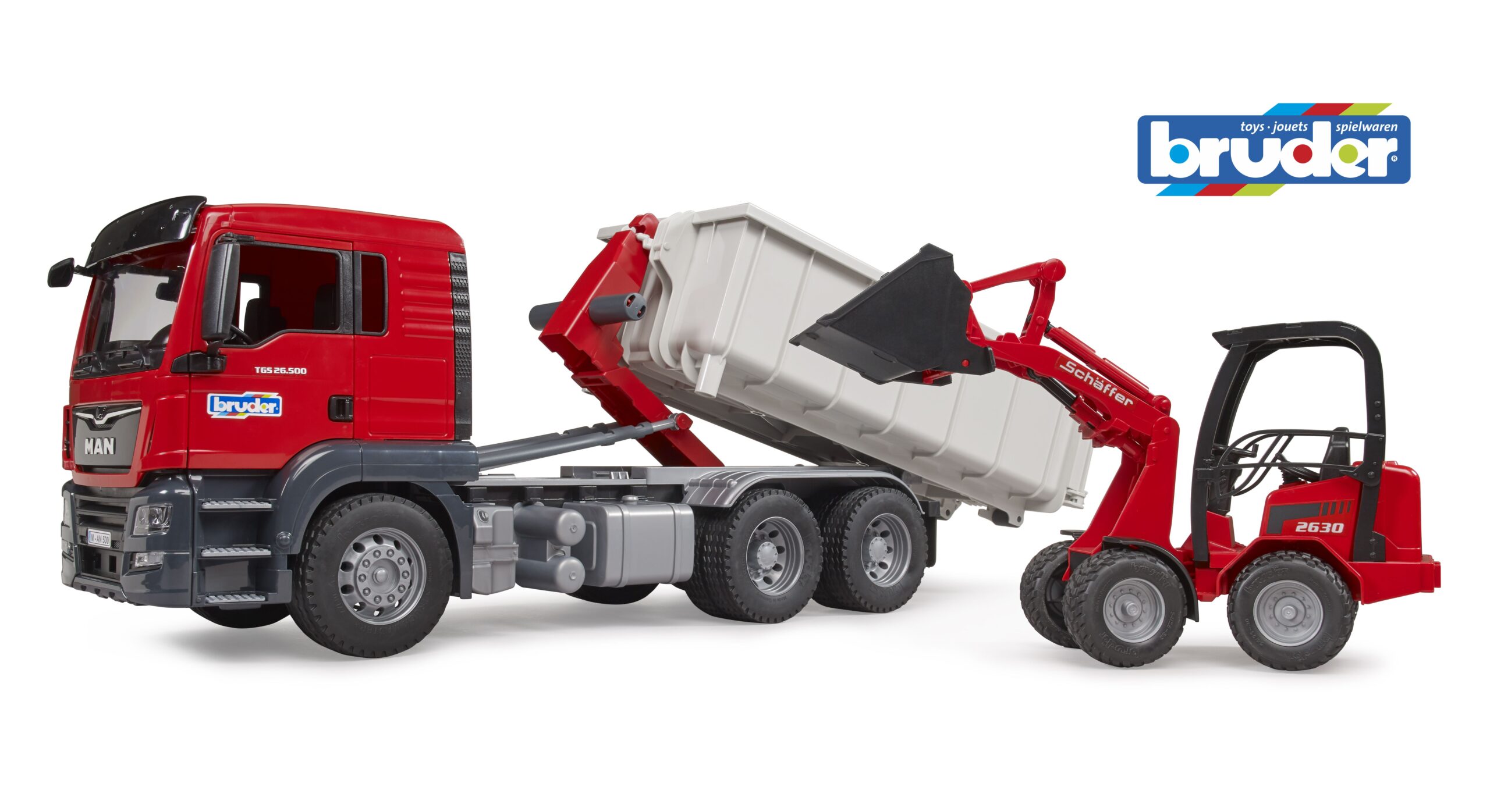 MAN TGS Truck with Roll-Off Container and Schäffer Loader Toy - Image 7